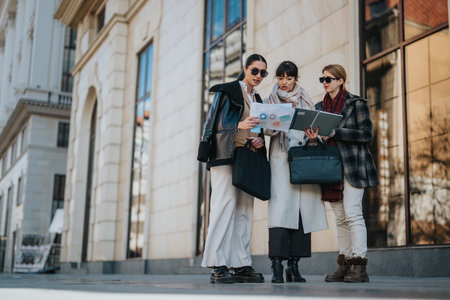 Three businesswomen collaborating outdoors while reviewing documents and discussing ideasの写真素材