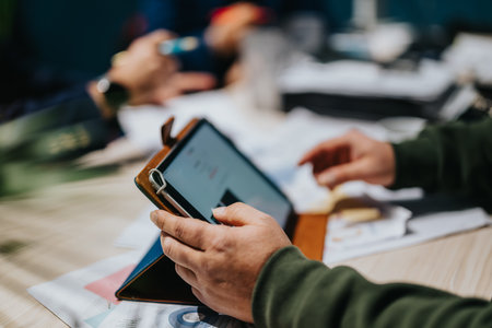 Person using a smart phone and tablet for business at a meetingの写真素材