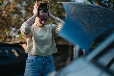 Worried woman checking under car hood in a sunny outdoor setting