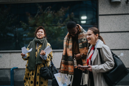 Multiracial colleagues engaging in an enjoyable outdoor brainstorming sessionの写真素材