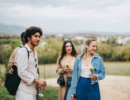 Group of friends enjoying a leisurely outdoor gathering with smiles and drinksの写真素材