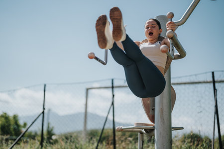 Young girl performing outdoor fitness exercise on workout equipmentの写真素材