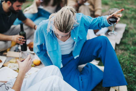 Multiracial friends enjoying a casual picnic with wine outdoorsの写真素材