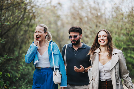 Group of friends enjoying a relaxing walk in nature togetherの写真素材