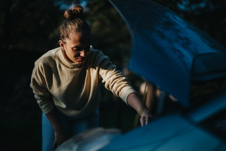 Woman inspecting car engine outdoors on a sunny dayの写真素材