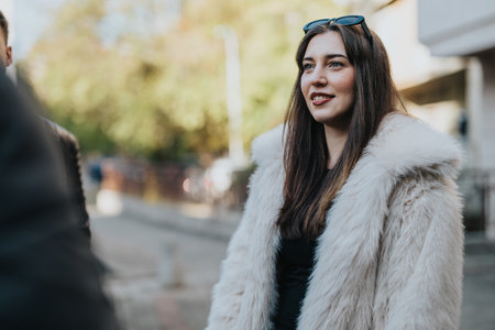 Smiling woman wearing a fur coat enjoying a sunny day outdoorsの写真素材