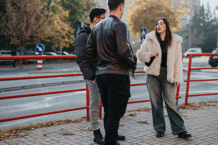 Group of friends talking outdoors on an urban street during autumn dayの写真素材