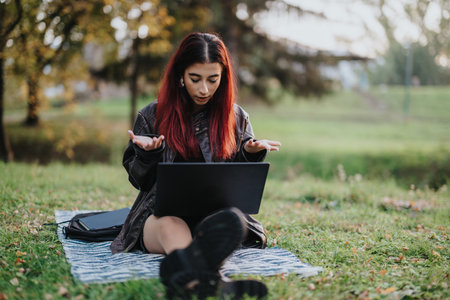 Young girl using a laptop outdoors in a park settingの写真素材