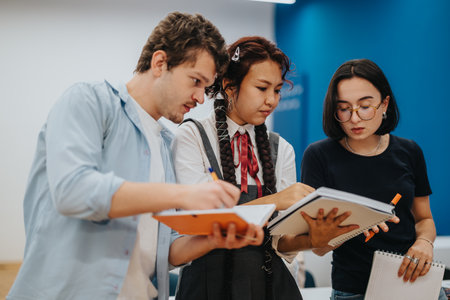 Three students collaborating on a group project in a classroom