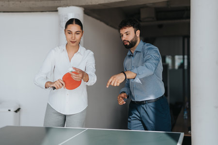 Business colleagues playing table tennis during a work breakの写真素材