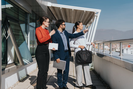 Three business colleagues discussing strategy on rooftop terraceの写真素材