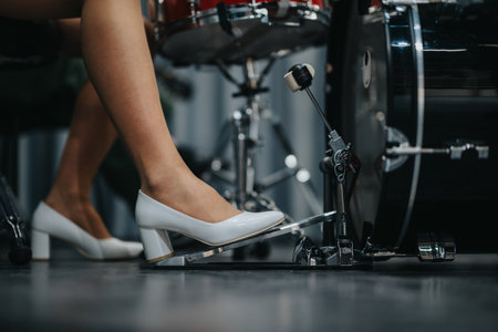 Close-up of drummer using a bass pedal while wearing white high-heeled shoesの写真素材