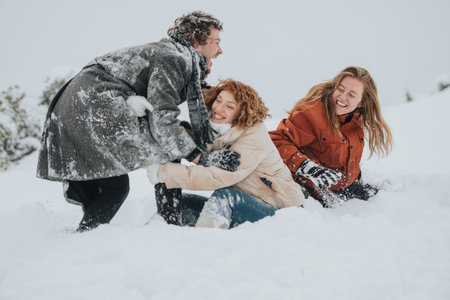 Group of friends enjoying a playful snow day and bonding in a winter landscapeの写真素材