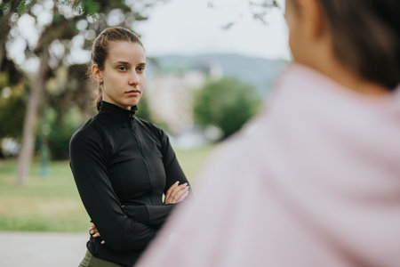 Woman in black jacket outdoors facing another person in a calm settingの写真素材