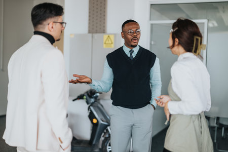 Business employees engaged in a focused conversation at the officeの写真素材