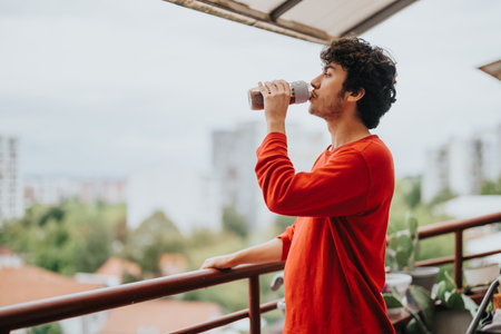 Young man drinking coffee on balcony with city viewの写真素材
