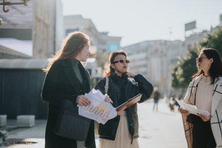 Three businesswomen discussing project ideas during an outdoor meetingの写真素材