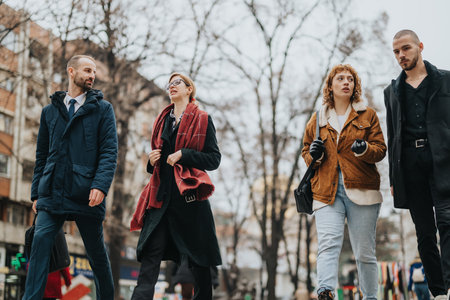 Group of entrepreneurs walking outdoors in an urban settingの写真素材