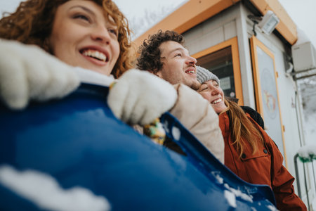 Friends Enjoying a Fun Outdoor Winter Activity Togetherの写真素材