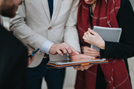 Business professionals collaborating on a tablet during a meeting