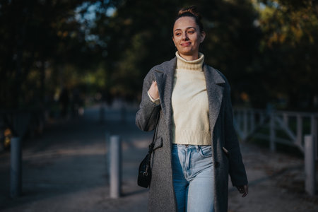 Woman enjoying a leisurely walk in a park during autumnの写真素材