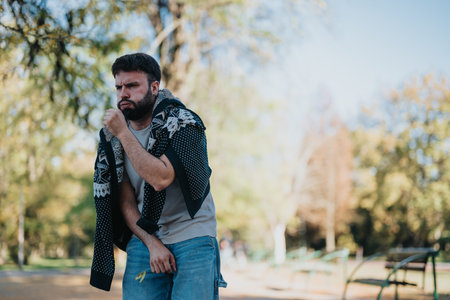 Man bundled in sweater shivering on chilly autumn day outdoorsの写真素材