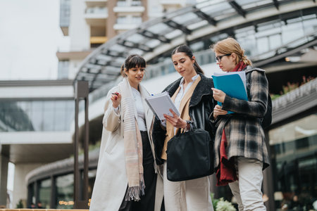Three businesswomen discussing documents outdoors near a modern architectural buildingの写真素材