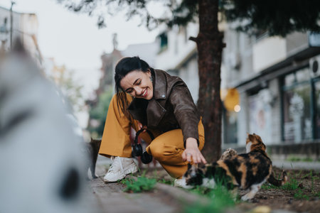 Woman smiling warmly while playing with stray cats outdoors