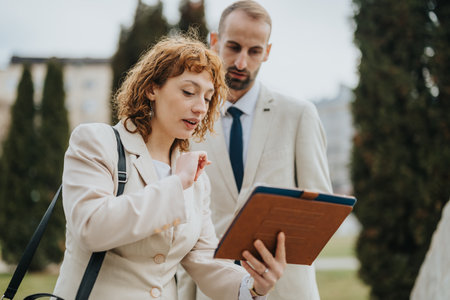 Two professionals discussing information on a digital tablet in an outdoor business meetingの写真素材