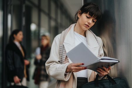 Businesswoman reading outdoor with colleagues in backgroundの写真素材