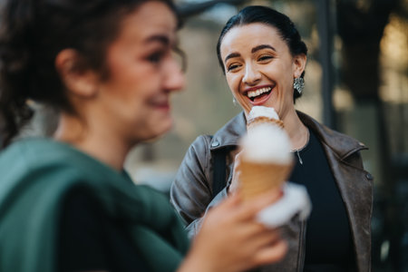 Two women enjoying ice cream cones and sharing a moment of laughter togetherの写真素材