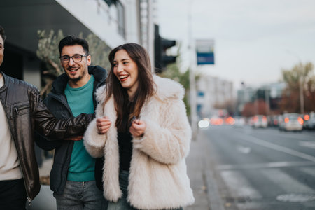 Group of friends enjoying a walk together in the city streetの写真素材