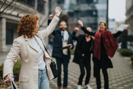Group of Smiling Friends Waving Outdoors in a Lively City Sceneの写真素材