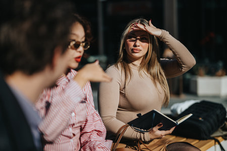 Group of young professionals having a discussion outdoorsの写真素材