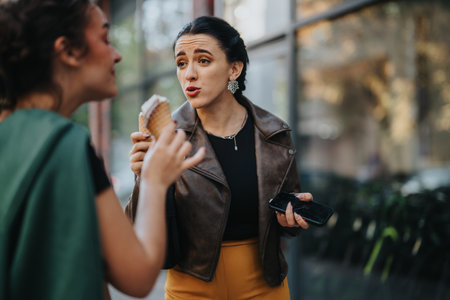 Two women engaging in conversation with animated expressions in an outdoor urban settingの写真素材