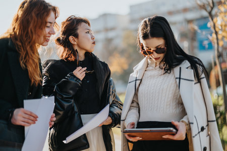 Three young women engaging in outdoor discussion with documents and a digital deviceの写真素材