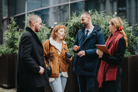 Group of Business Professionals Having a Friendly Conversation Outdoors