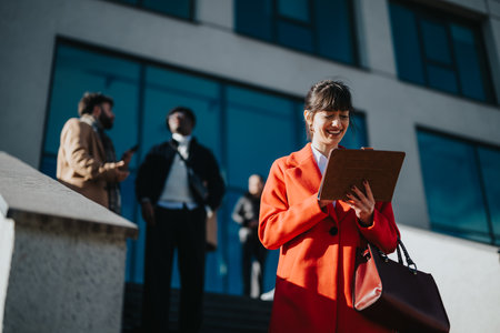 Young Business Professionals Collaborating Outdoors with Confidence and Enthusiasmの写真素材