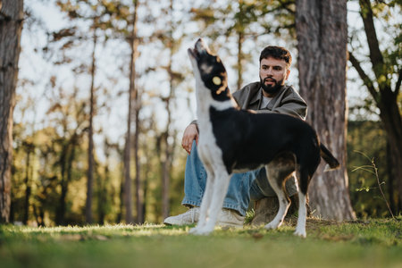 Man sitting in the woods with his playful dog on a sunny dayの写真素材