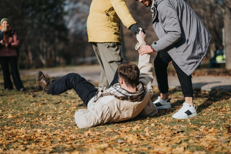 Friends helping a man get up on an autumn day outdoorsの写真素材