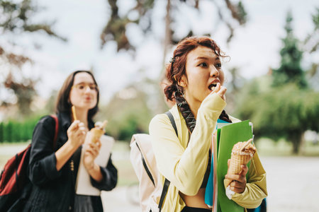 Multicultural students enjoying ice cream break in park settingの写真素材