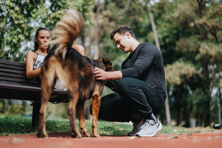 Man interacts with a dog while a woman sits on a bench in a scenic parkの写真素材