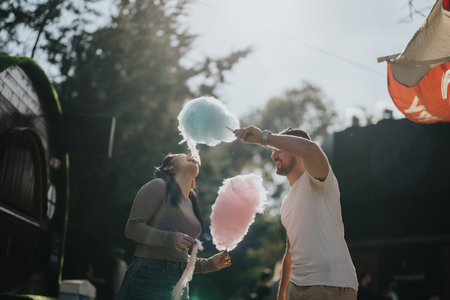Happy couple enjoying cotton candy at an outdoor fairの写真素材