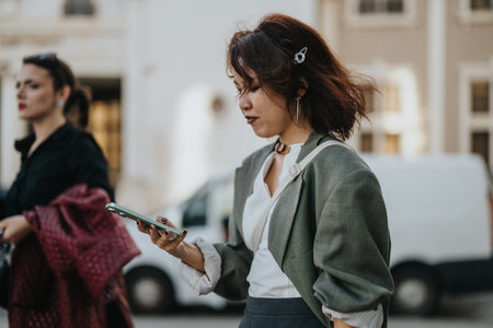 Young professional woman using smart phone on city streetの写真素材