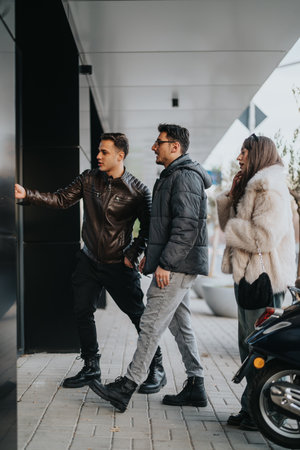 Friends exploring the city and interacting outdoors on a sunny dayの写真素材