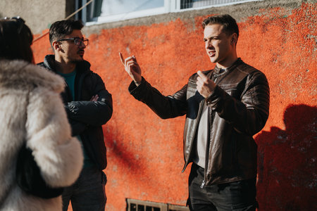 Three friends having a conversation on a colorful urban street