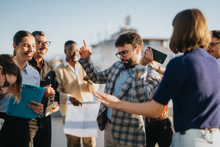Diverse business team celebrating together on rooftop at sunsetの写真素材
