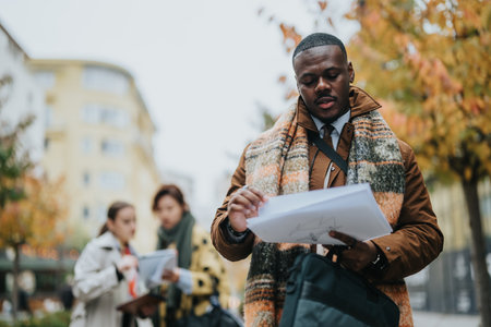 Young people examining documents outdoors during autumn in an urban environment