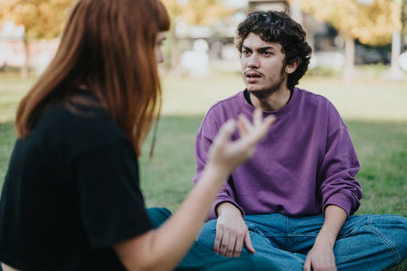 Young couple having a serious discussion in a park setting