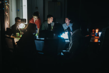 Business team collaborates in dimly lit office during late-night meeting